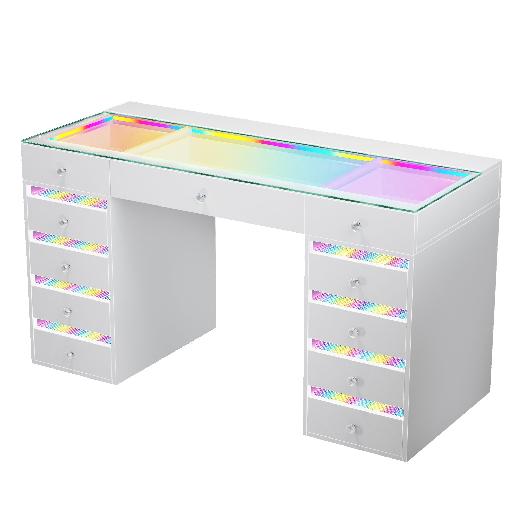 VANITII Fenair Vanity Desk features 11 storage drawers,adjustable RGB strip light,built-in USB&Type-C ports for charging and so on.The overall design is simple and white in color. 
