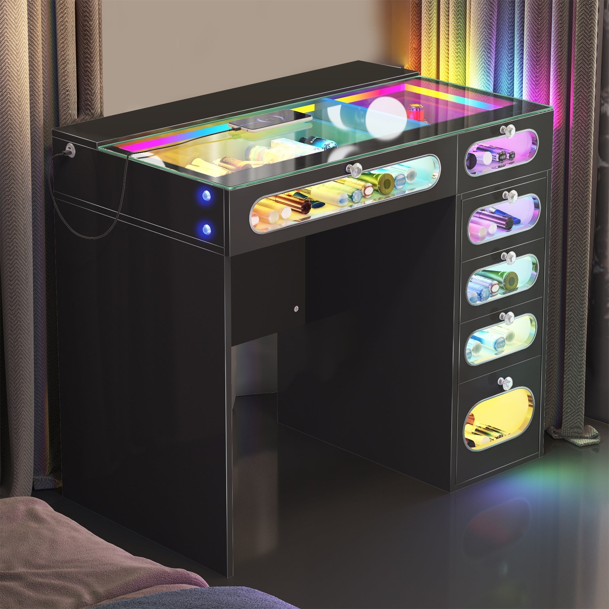 VANITII Vanity Desk features 6 storage drawers with glass-fronted,adjustable RGB light stri,built-in USB & Type-C ports for charging and so on.The overall design is simple and black in color.Placed in the bedroom, it is both beautiful and practical. 