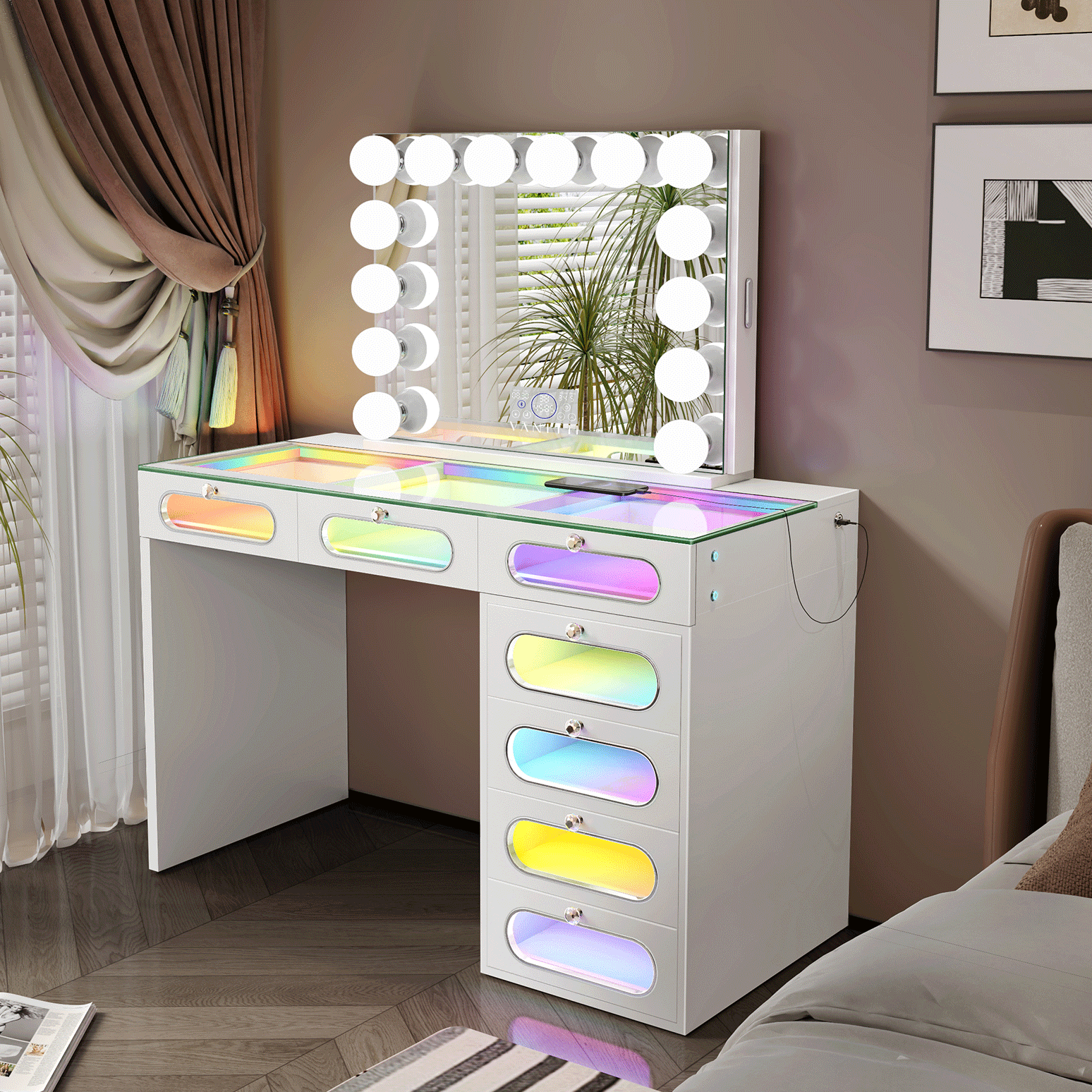 New Release ! VANITII 7 Glass Fronted Drawers with Hollywood Vanity Mirror