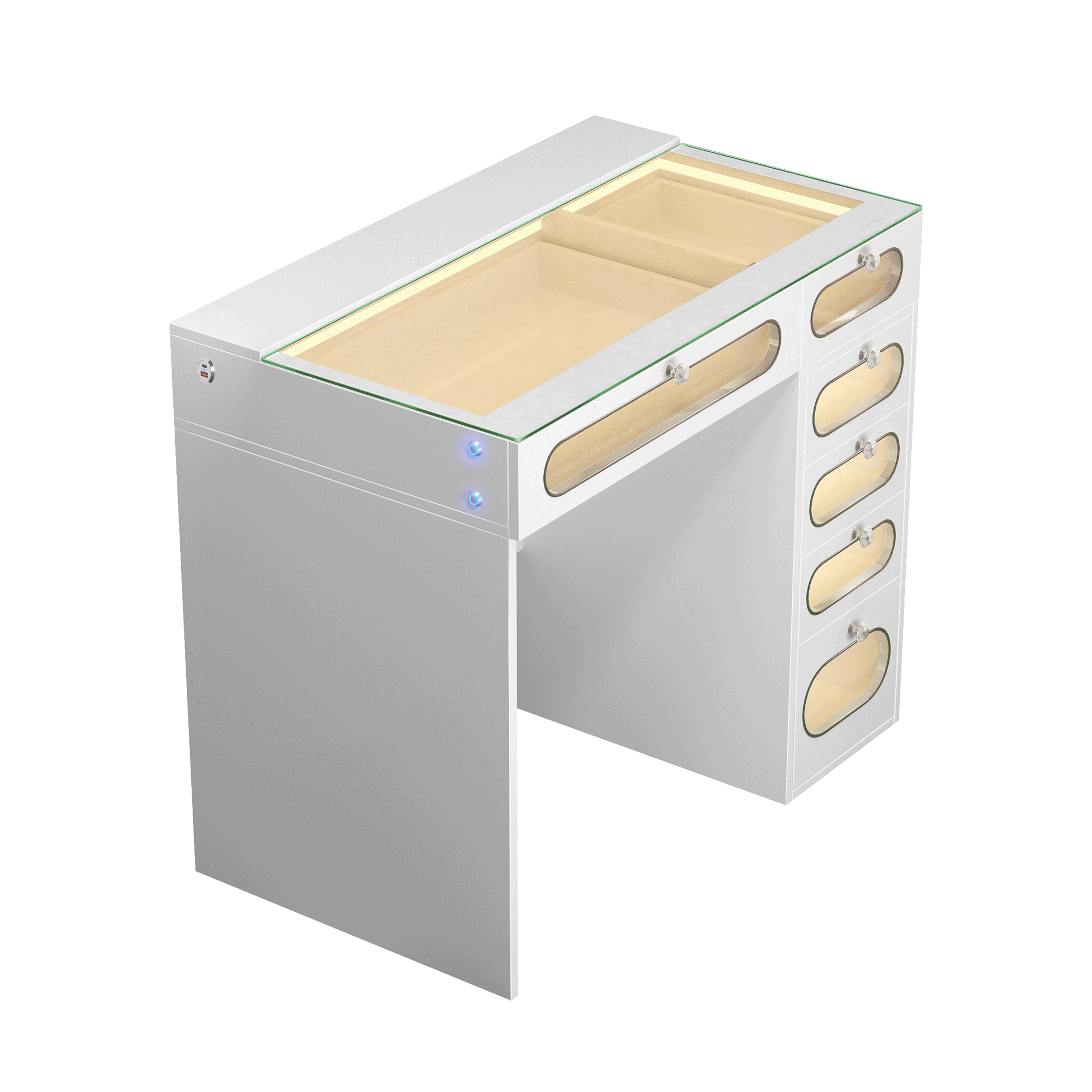 VANITII Vanity Desk features 6 storage drawers with glass-fronted,adjustable RGB light stri,built-in USB & Type-C ports for charging and so on.The overall design is simple and white in color.