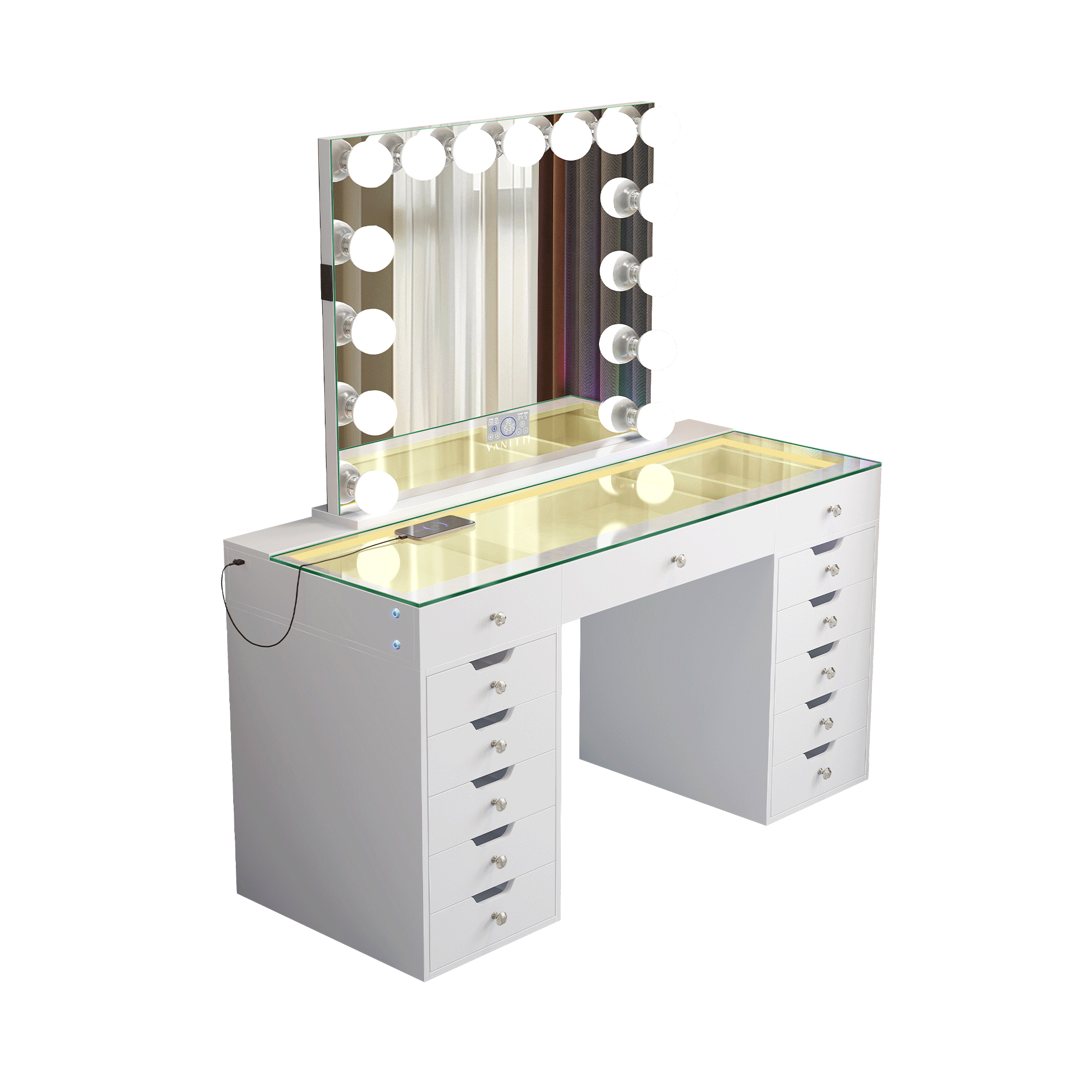 VANITII Eva-RGB Vanity Desk Set with 13 Storage Drawers and 15 Bulbs Light Mirror