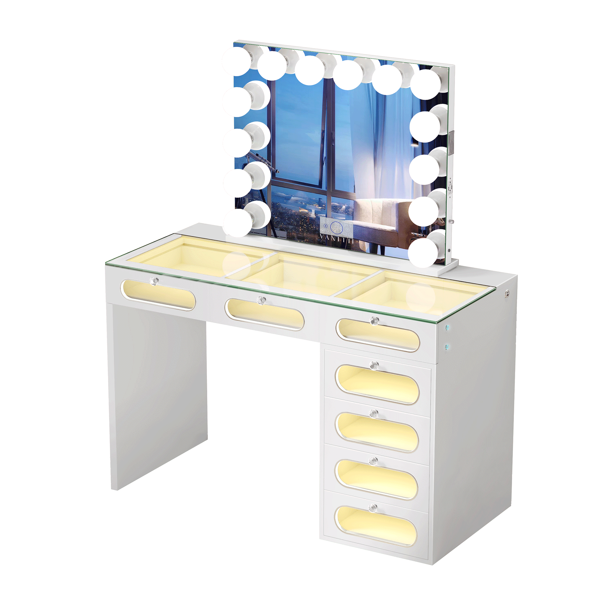 New Release ! VANITII 7 Glass Fronted Drawers with Hollywood Vanity Mirror