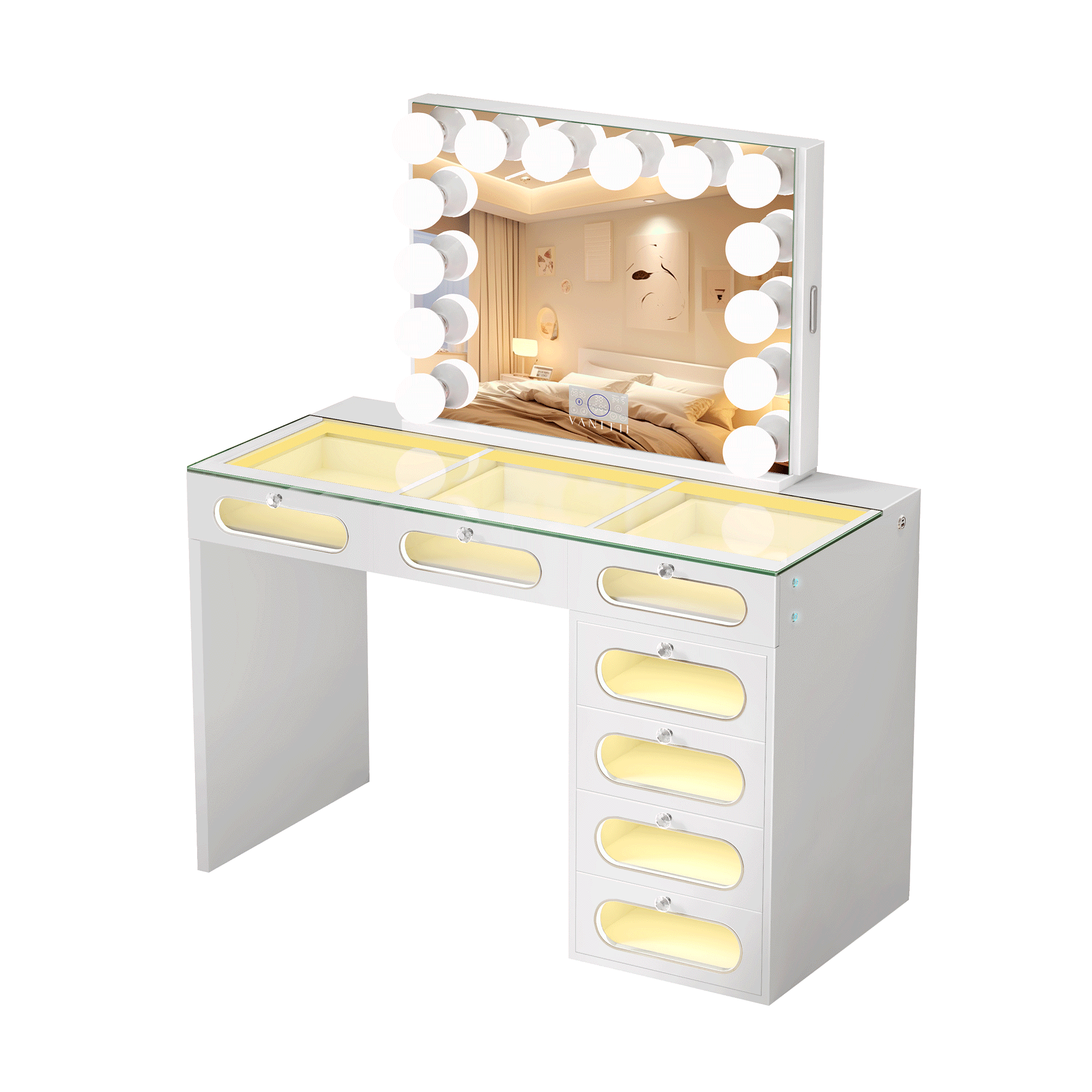 New Release ! VANITII 7 Glass Fronted Drawers with Hollywood Vanity Mirror