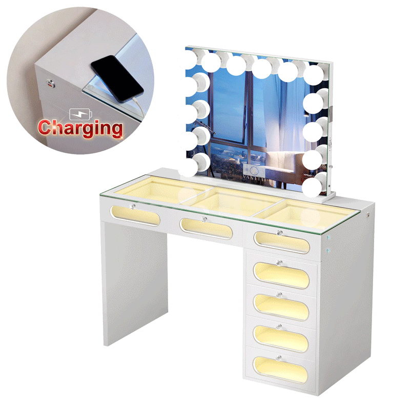 New Release ! VANITII 7 Glass Fronted Drawers with Hollywood Vanity Mirror