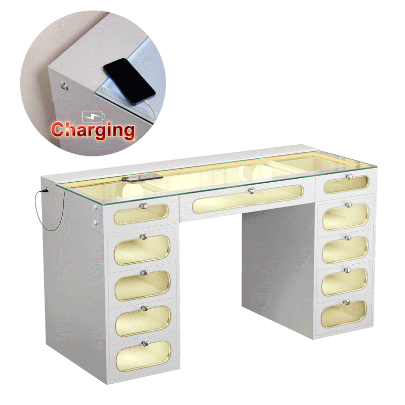 New Release ! VANITII Priscilla Vanity Desk-11 Glass Fronted Drawers with Crystal Handles