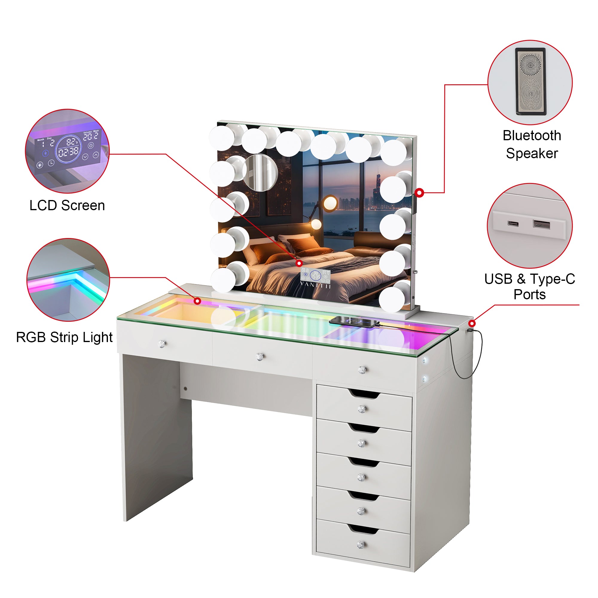 Promotion Deal!VANITII Diana Vanity Desk Set- 8 Storage Drawers with Vanity Mirror