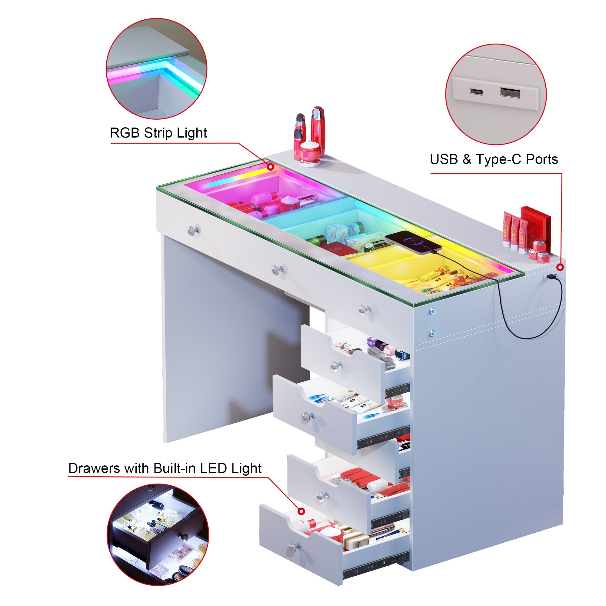 VANITII Diana RGB Vanity Desk with Light - 8 Storage Drawers