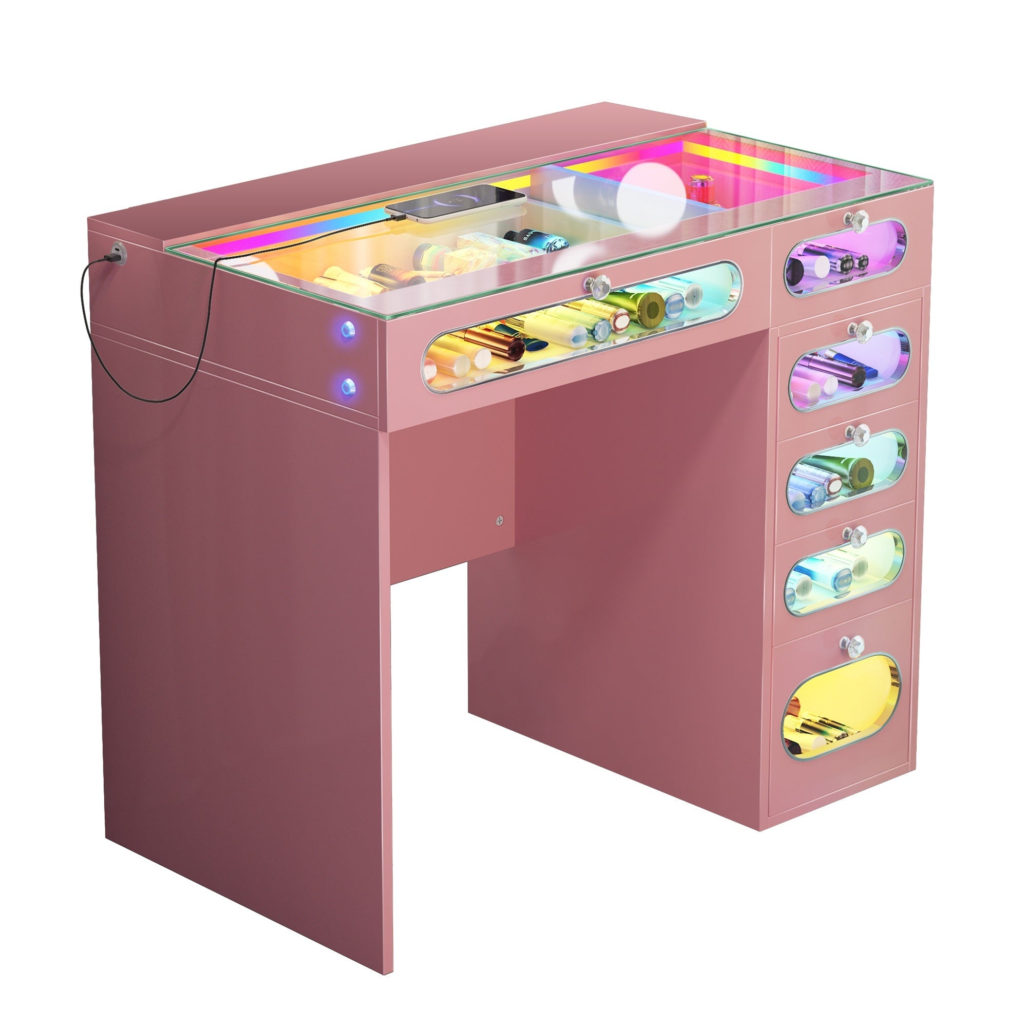 VANITII Vanity Desk features 6 storage drawers with glass-fronted,adjustable RGB light stri,built-in USB & Type-C ports for charging and so on.The overall design is simple and pink in color.